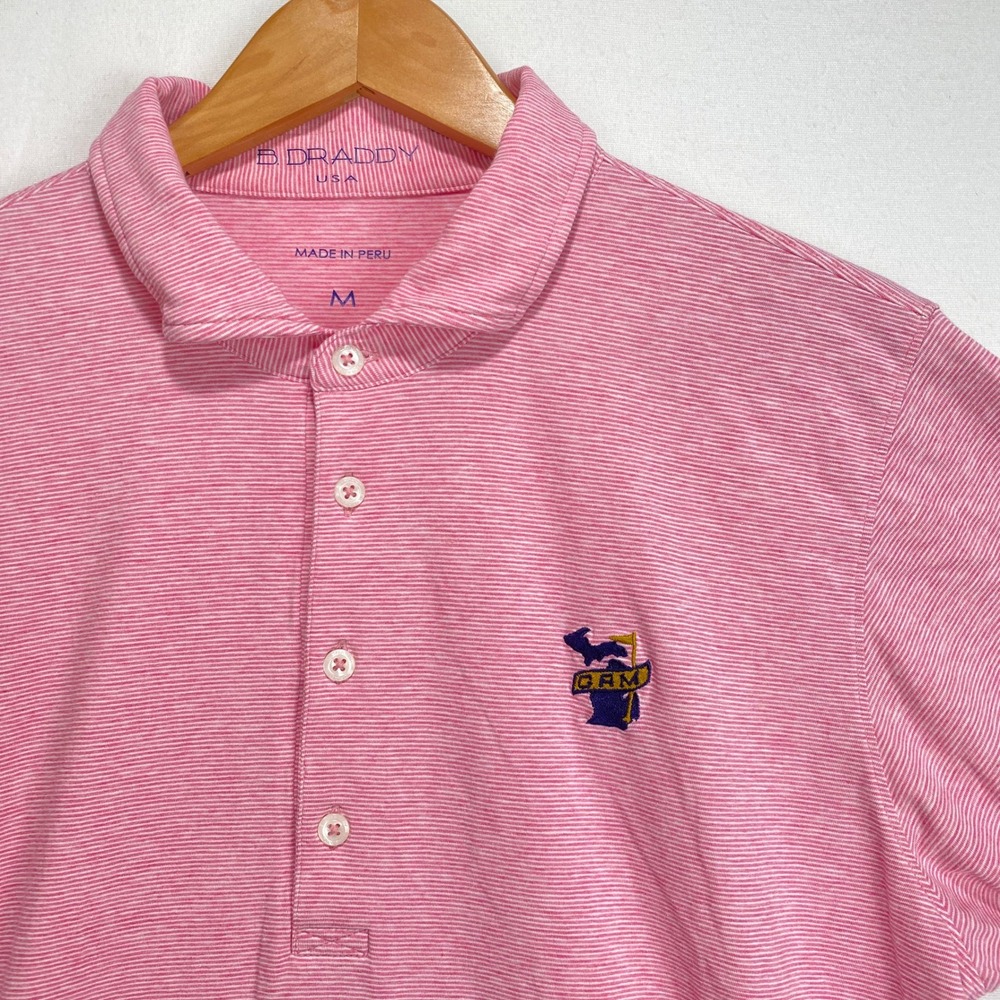 B. Draddy Mens Pink Striped Polo Shirt Medium Michigan GRM Logo Made in Peru